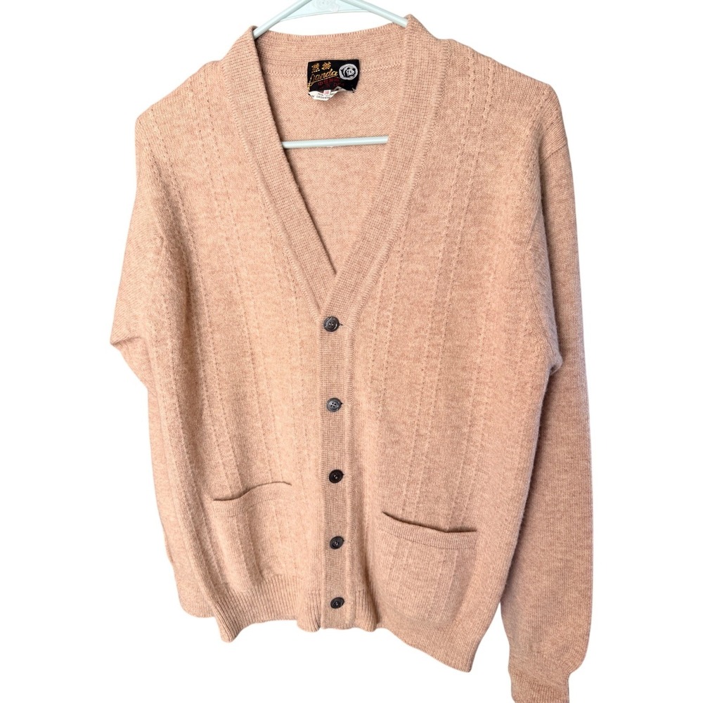 Panda Cardigan Sweater 38 Tan Cashmere Lambswool V-Neck Pockets 75% Lambswool